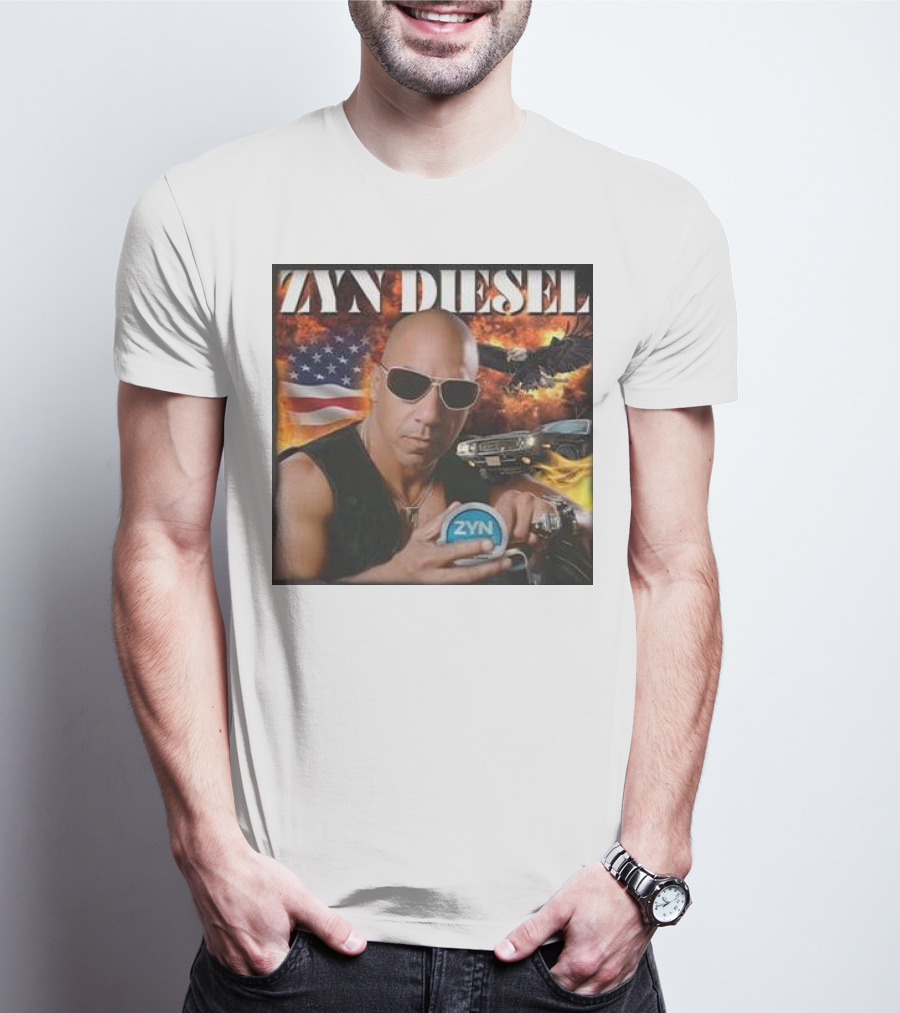 Zyn Diesel American Bald Eagle And Muscle Car Background T-Shirt