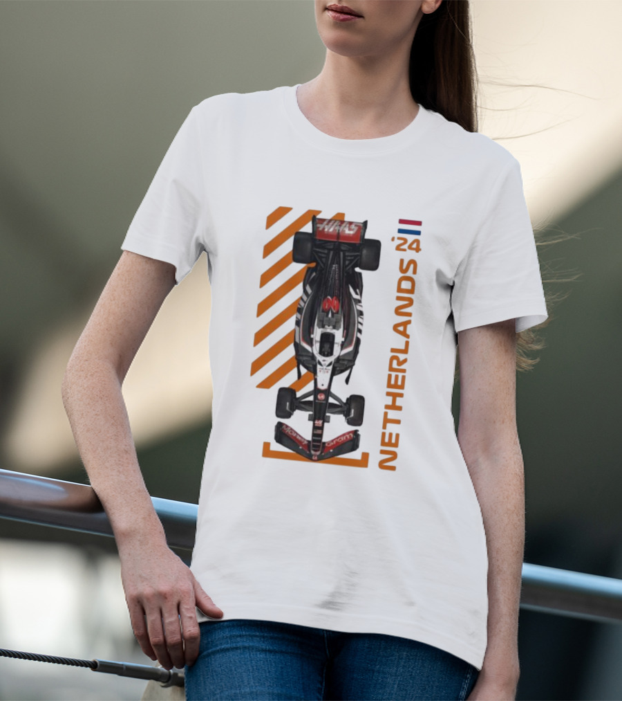 Haas F1 Racing Car Netherlands 24 Orange Stripes Racing Formula 1 T-Shirt