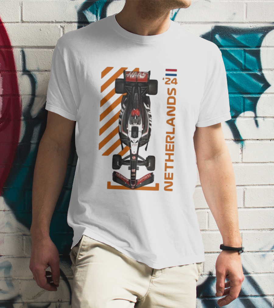 Haas F1 Racing Car Netherlands 24 Orange Stripes Racing Formula 1 T-Shirt