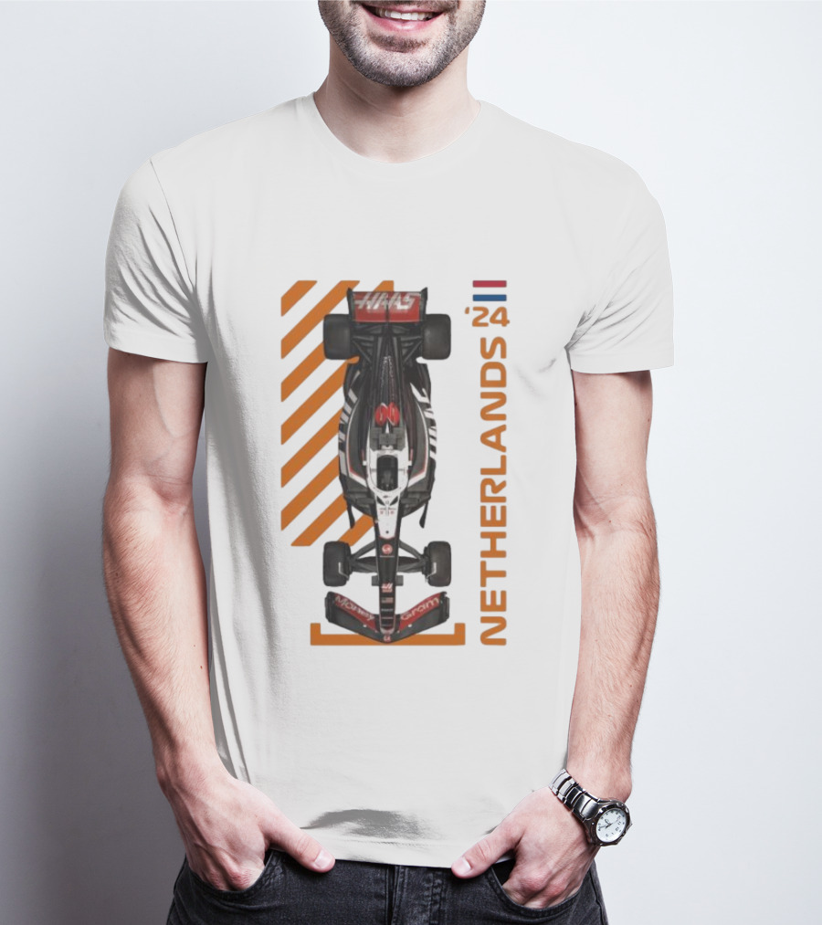 Haas F1 Racing Car Netherlands 24 Orange Stripes Racing Formula 1 T-Shirt