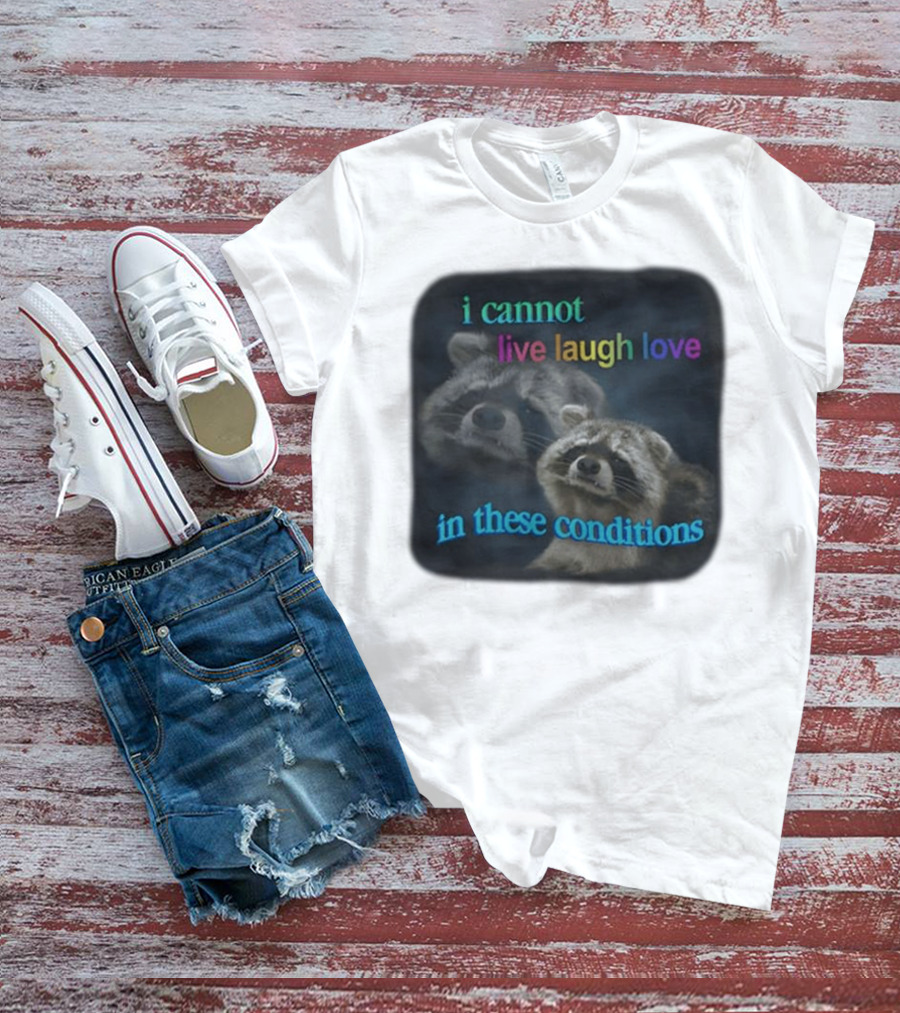 I Cannot Live Laugh Love In These Conditions Raccoon Duo Reality Check T-Shirt
