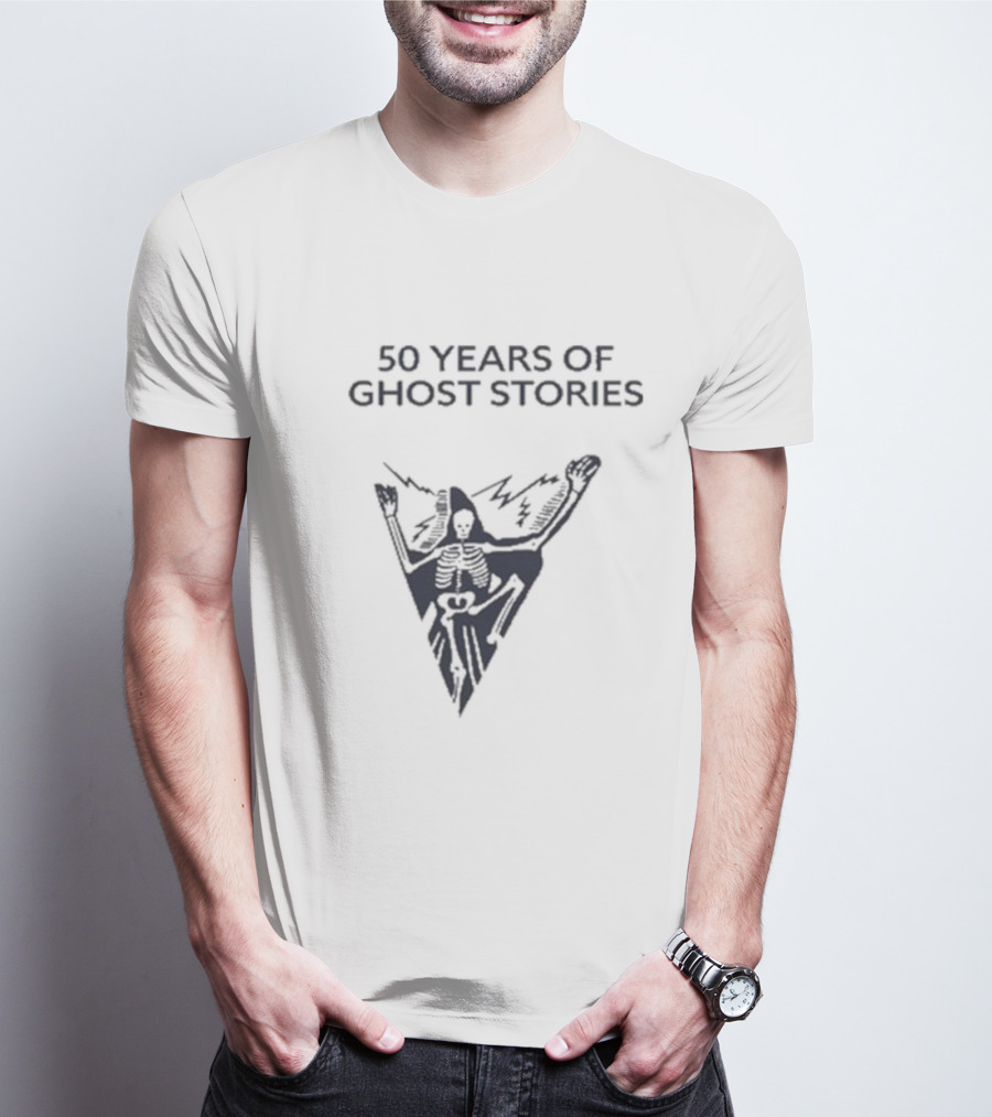 50 Years Of Ghost Stories Skeleton Holding Lightning T-Shirt