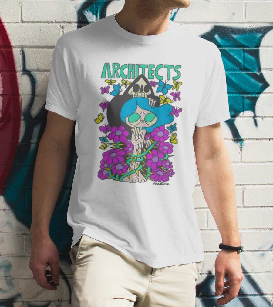ARCHITECTS Butterfly Skull Skeleton Flowers Blue Hair T-Shirt