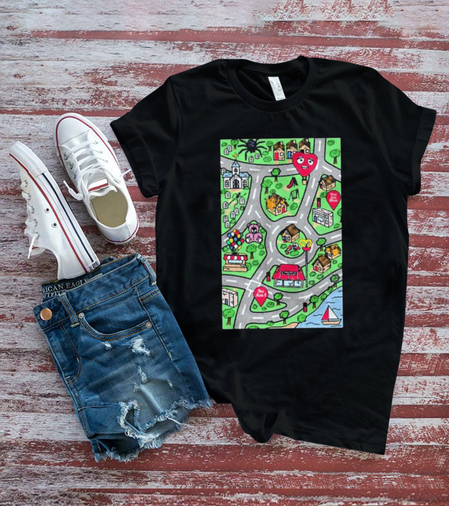Are We There Yet Cute Cartoon Map With Smiling Landmarks And Colorful Scenery T-Shirt