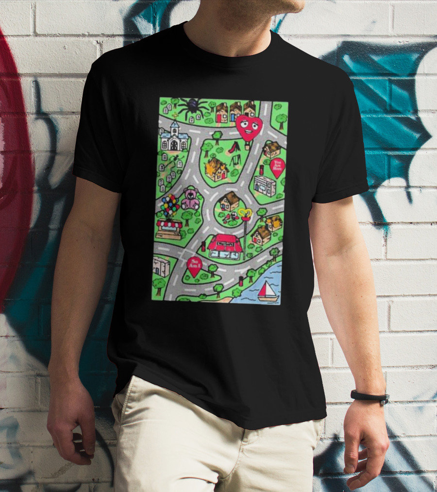 Are We There Yet Cute Cartoon Map With Smiling Landmarks And Colorful Scenery T-Shirt