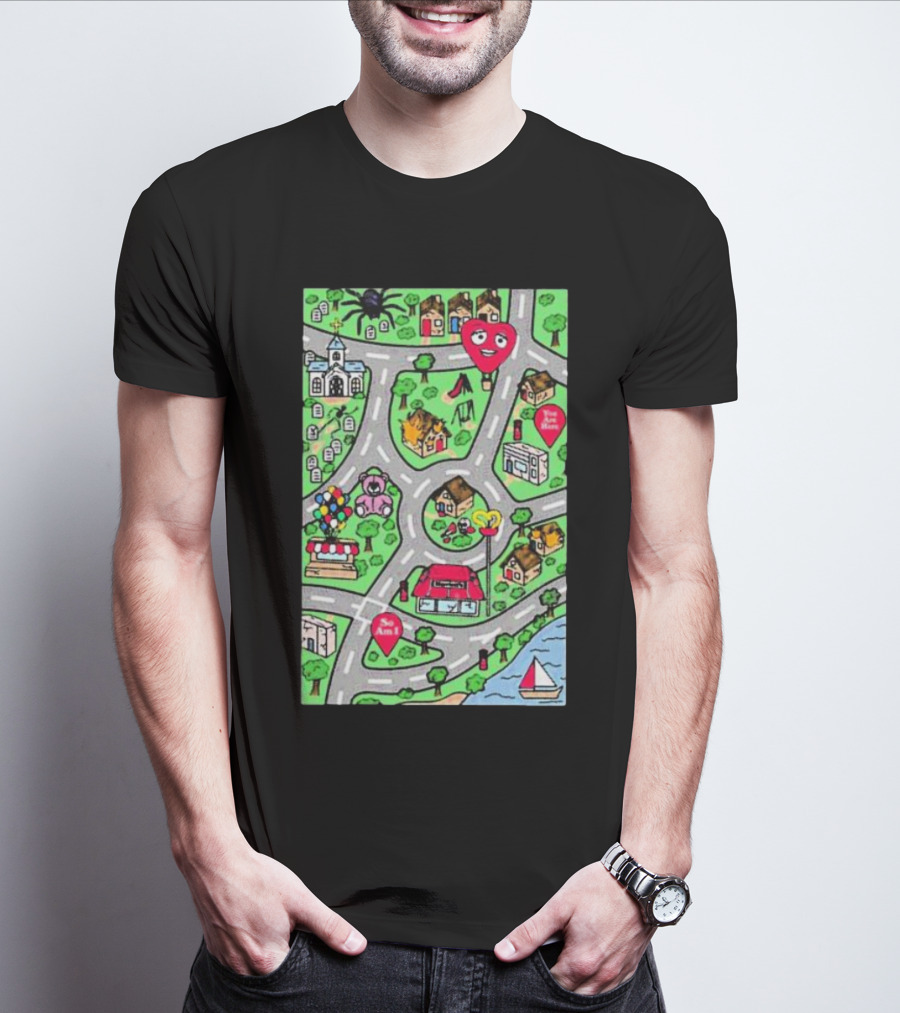 Are We There Yet Cute Cartoon Map With Smiling Landmarks And Colorful Scenery T-Shirt