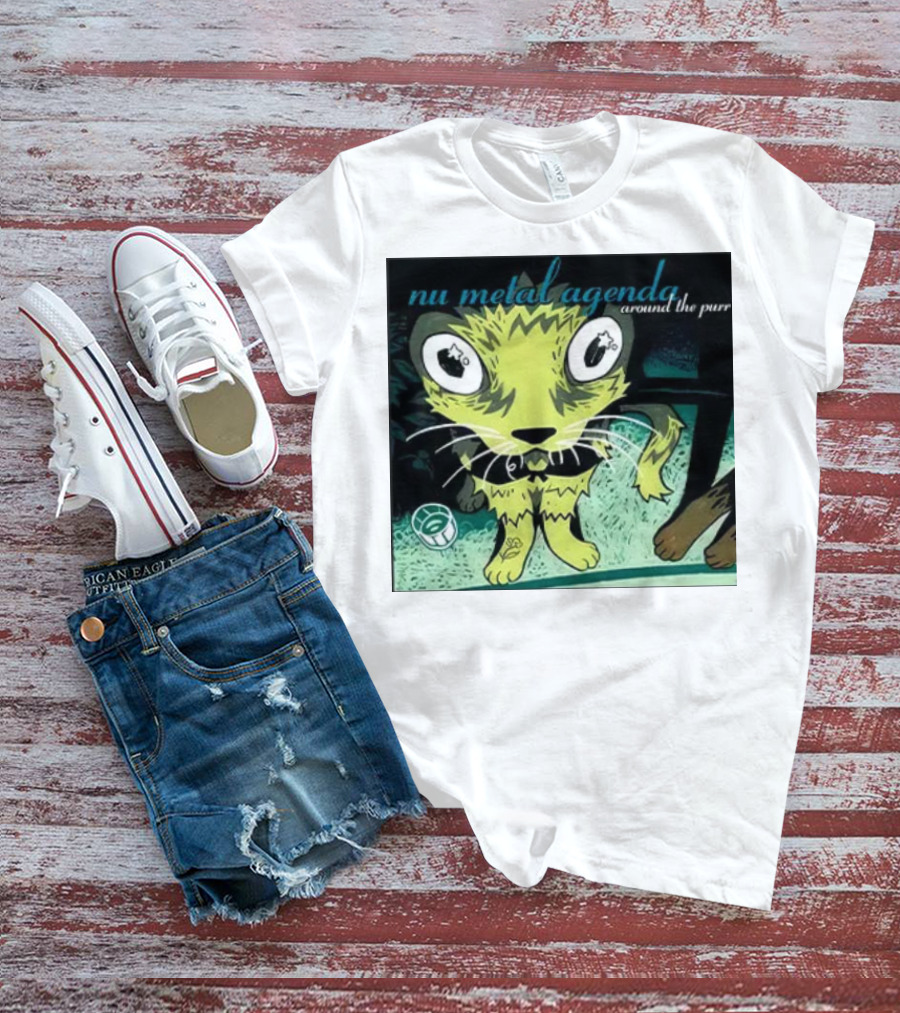 Nu Metal Agenda Around The Purr Feline Illustration With Swirling Colors And Bold Letters T-Shirt