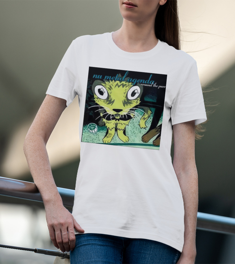 Nu Metal Agenda Around The Purr Feline Illustration With Swirling Colors And Bold Letters T-Shirt