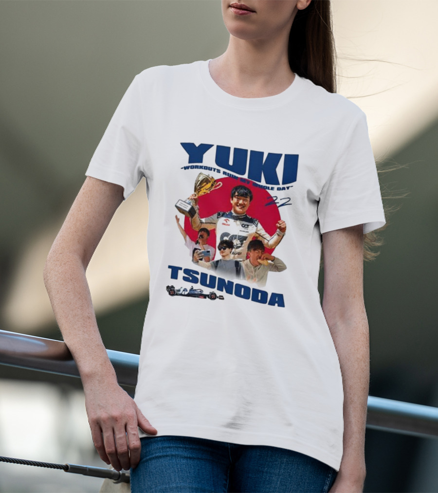 Yuki Tsunoda Victory Celebration With Racing Imagery And Text 'Run My Whole Day 22' T-Shirt
