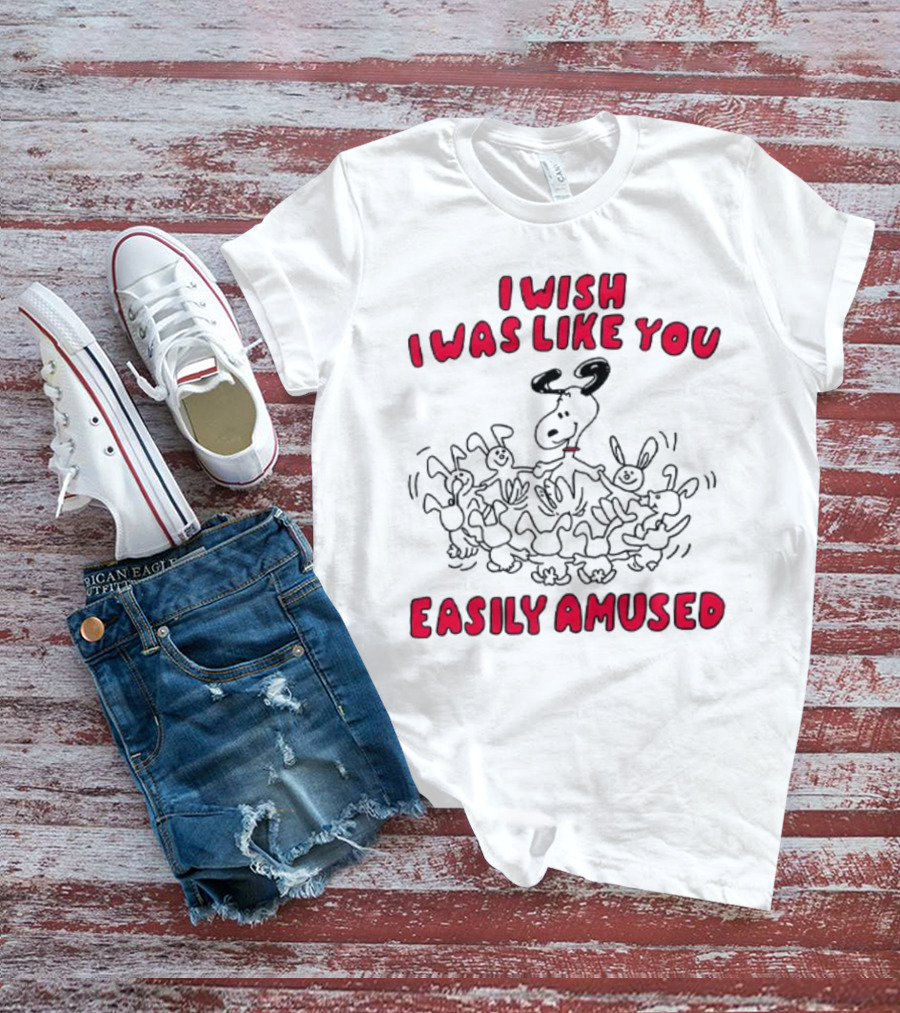 I Wish I Was Like You Easily Amused Black And Red Cartoon Character Surrounded By Dancing Bunnies T-Shirt