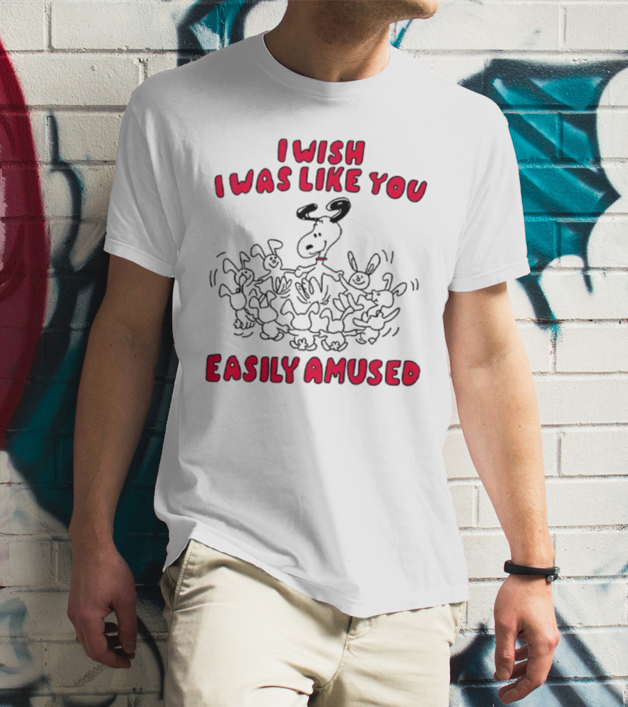 I Wish I Was Like You Easily Amused Black And Red Cartoon Character Surrounded By Dancing Bunnies T-Shirt