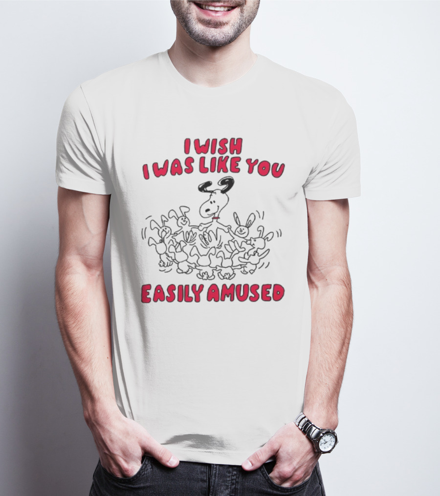 I Wish I Was Like You Easily Amused Black And Red Cartoon Character Surrounded By Dancing Bunnies T-Shirt