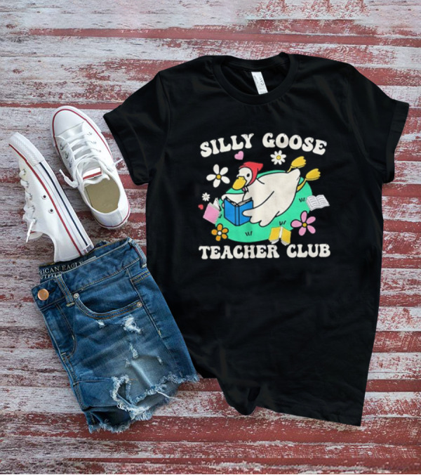 Silly Goose Teacher Club Reading Duck With Flowers And Open Books T-Shirt