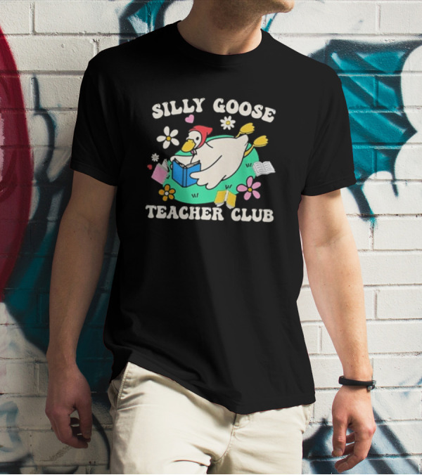 Silly Goose Teacher Club Reading Duck With Flowers And Open Books T-Shirt