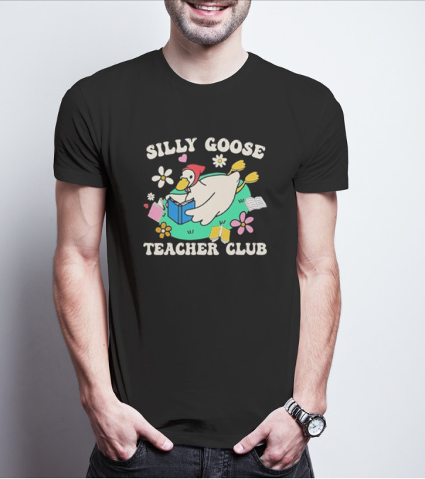 Silly Goose Teacher Club Reading Duck With Flowers And Open Books T-Shirt