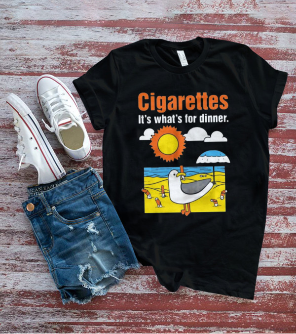 Cigarettes It's What's For Dinner Beach Seagull Cartoon With Sun And Umbrella T-Shirt
