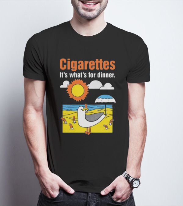 Cigarettes It's What's For Dinner Beach Seagull Cartoon With Sun And Umbrella T-Shirt