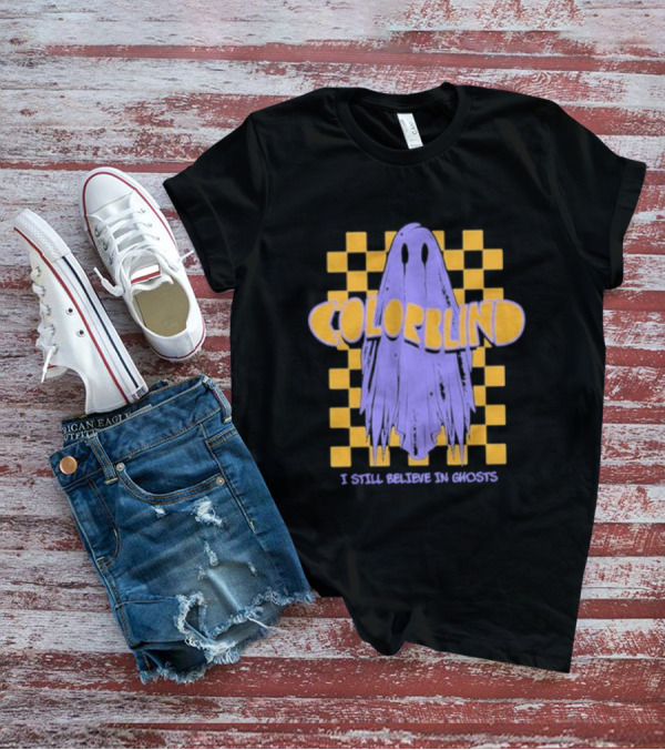 Colorblind I Still Believe In Ghosts Purple Ghost On Yellow Checkered Background T-Shirt