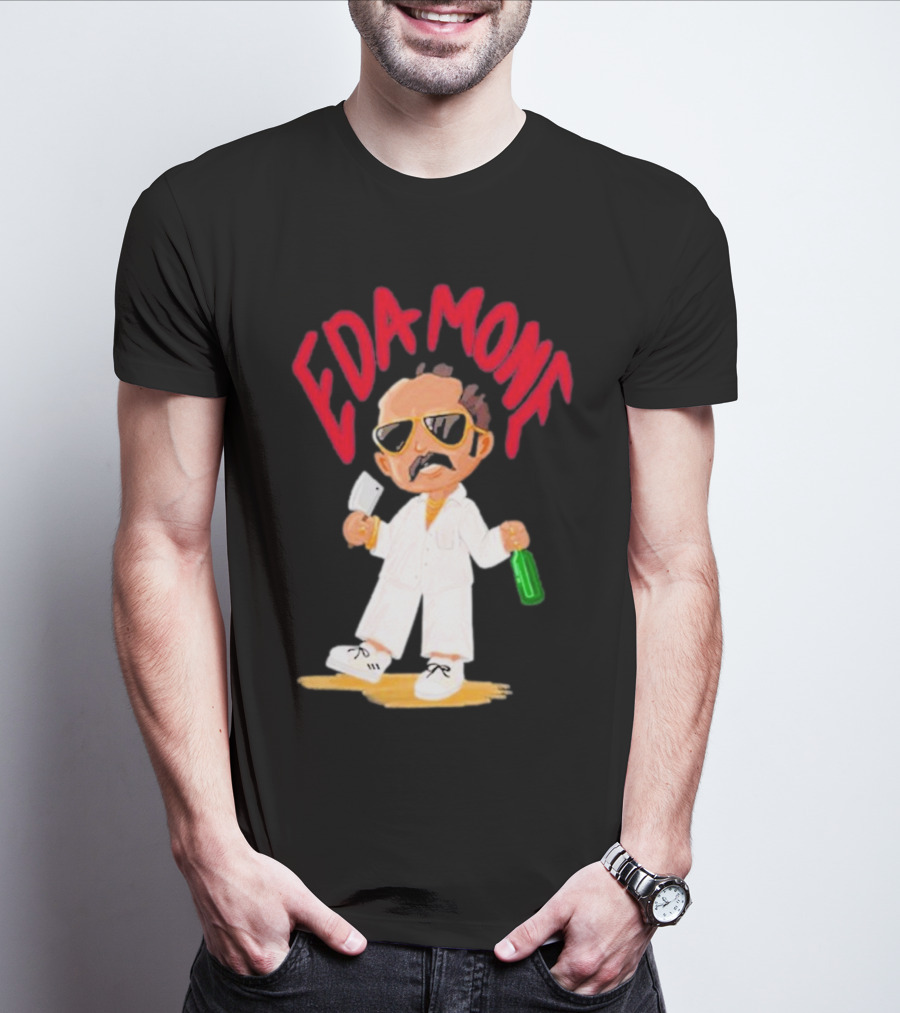 Eda Mone Rangan Chettan Cartoon Character In White Suit With Sunglasses Holding Cleaver And Bottle T-Shirt