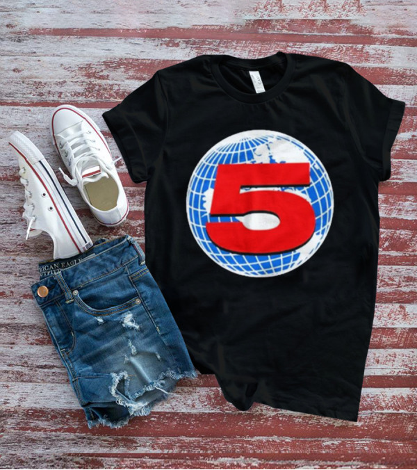 Red Number 5 On Blue And White Globe Background T-Shirt