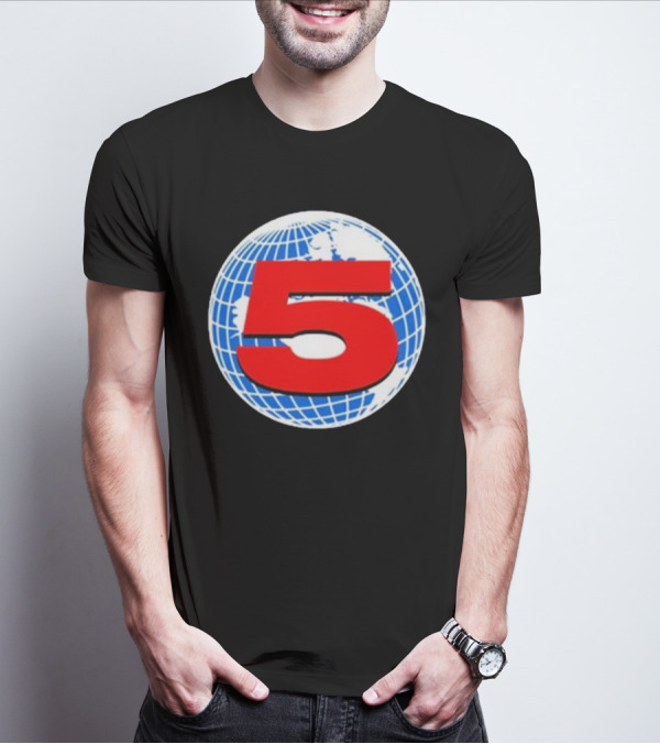 Red Number 5 On Blue And White Globe Background T-Shirt