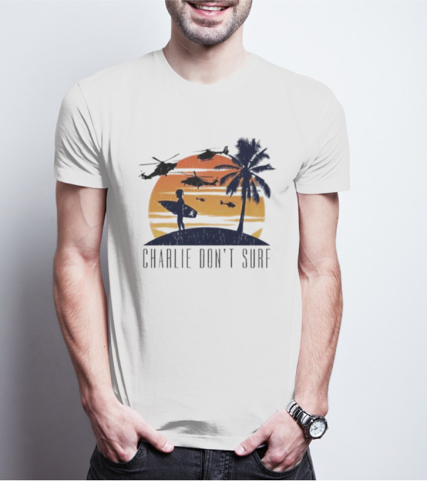 Charlie Don’t Surf Helicopters Palm Sunset Surfer T-Shirt
