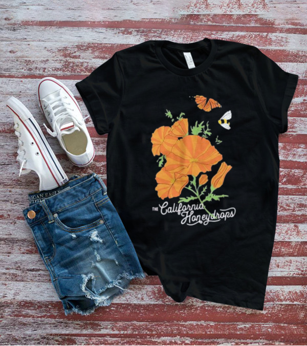 The California Honeydrops Orange Poppies Meadow With Butterfly And Bee T-Shirt