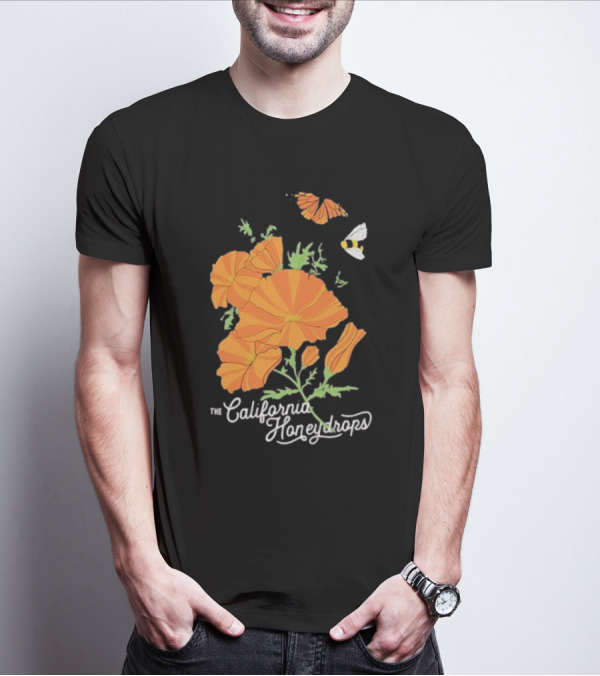 The California Honeydrops Orange Poppies Meadow With Butterfly And Bee T-Shirt