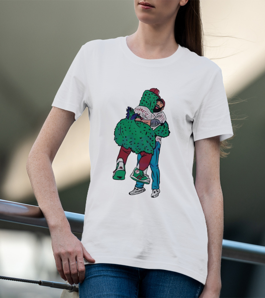 Phanatic Phillies Mascot Embrace With Baseball Player T-Shirt