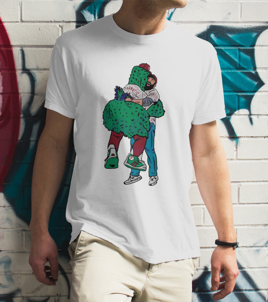 Phanatic Phillies Mascot Embrace With Baseball Player T-Shirt