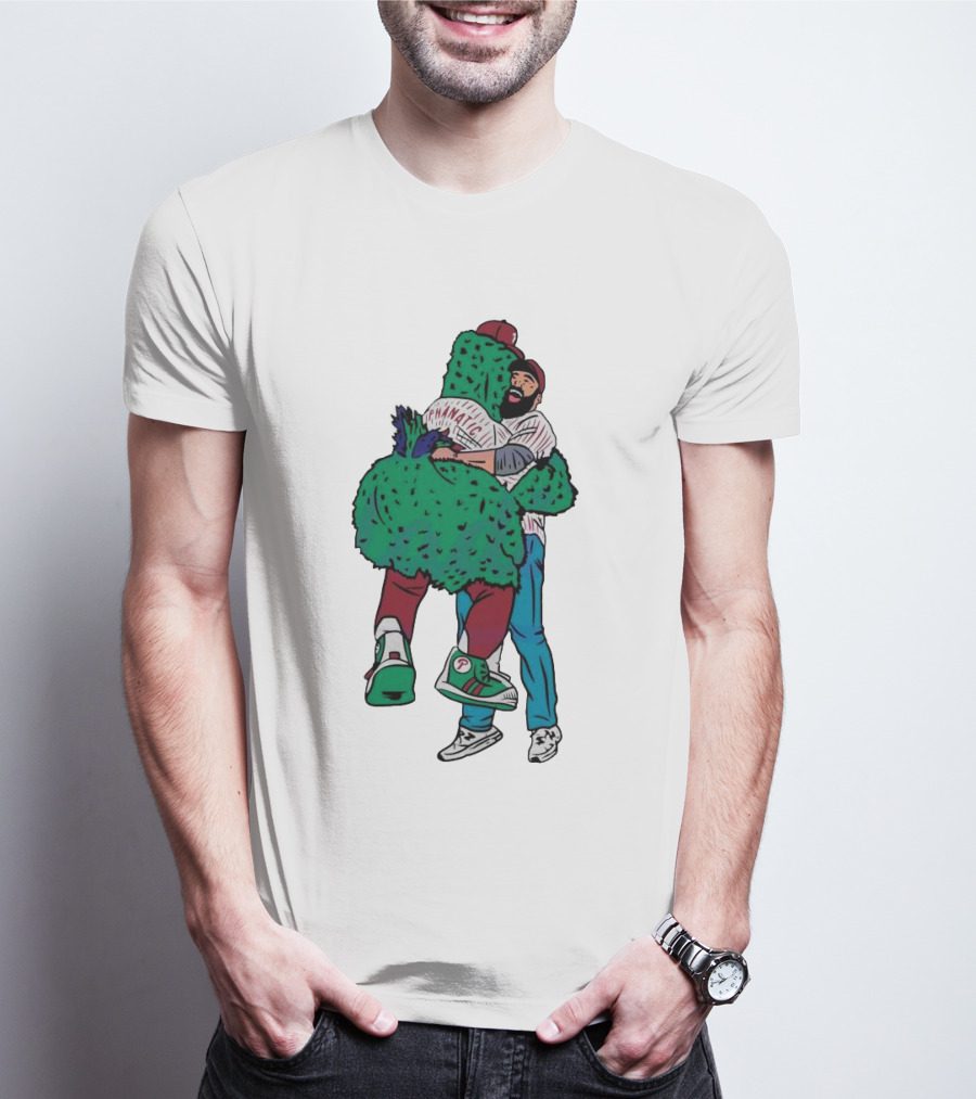 Phanatic Phillies Mascot Embrace With Baseball Player T-Shirt