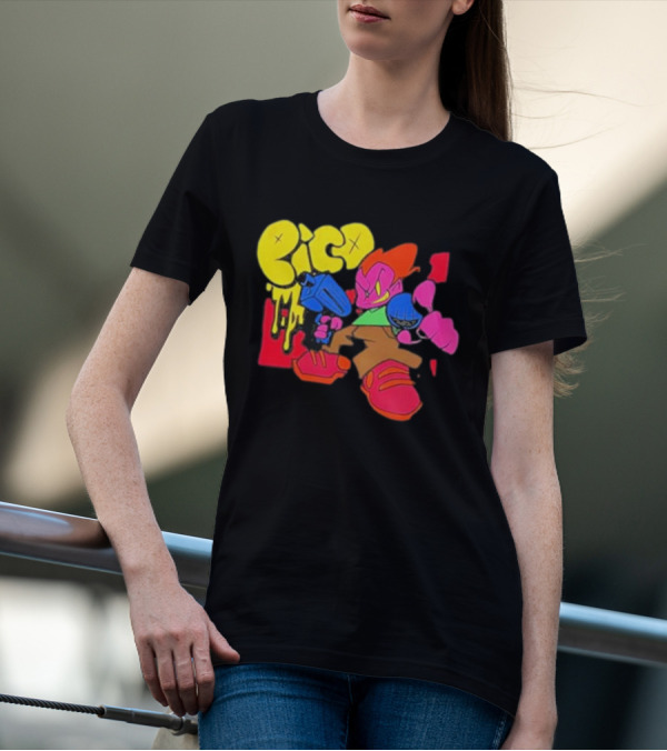 Friday Night Funkin Pico Colorful Cartoon Character Holding Gun T-Shirt