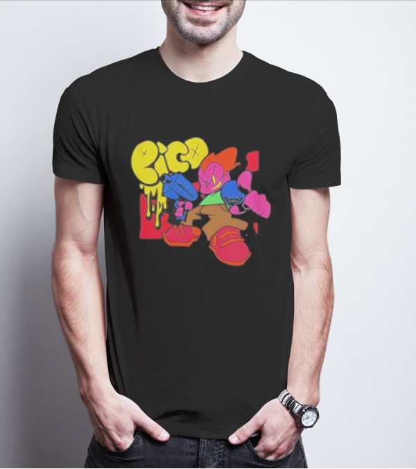 Friday Night Funkin Pico Colorful Cartoon Character Holding Gun T-Shirt