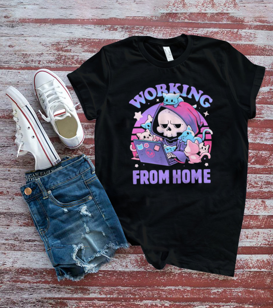 Working From Home Reaper With Cats Using Computer T-Shirt
