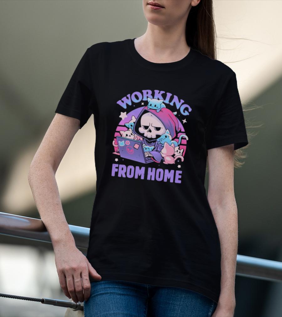 Working From Home Reaper With Cats Using Computer T-Shirt