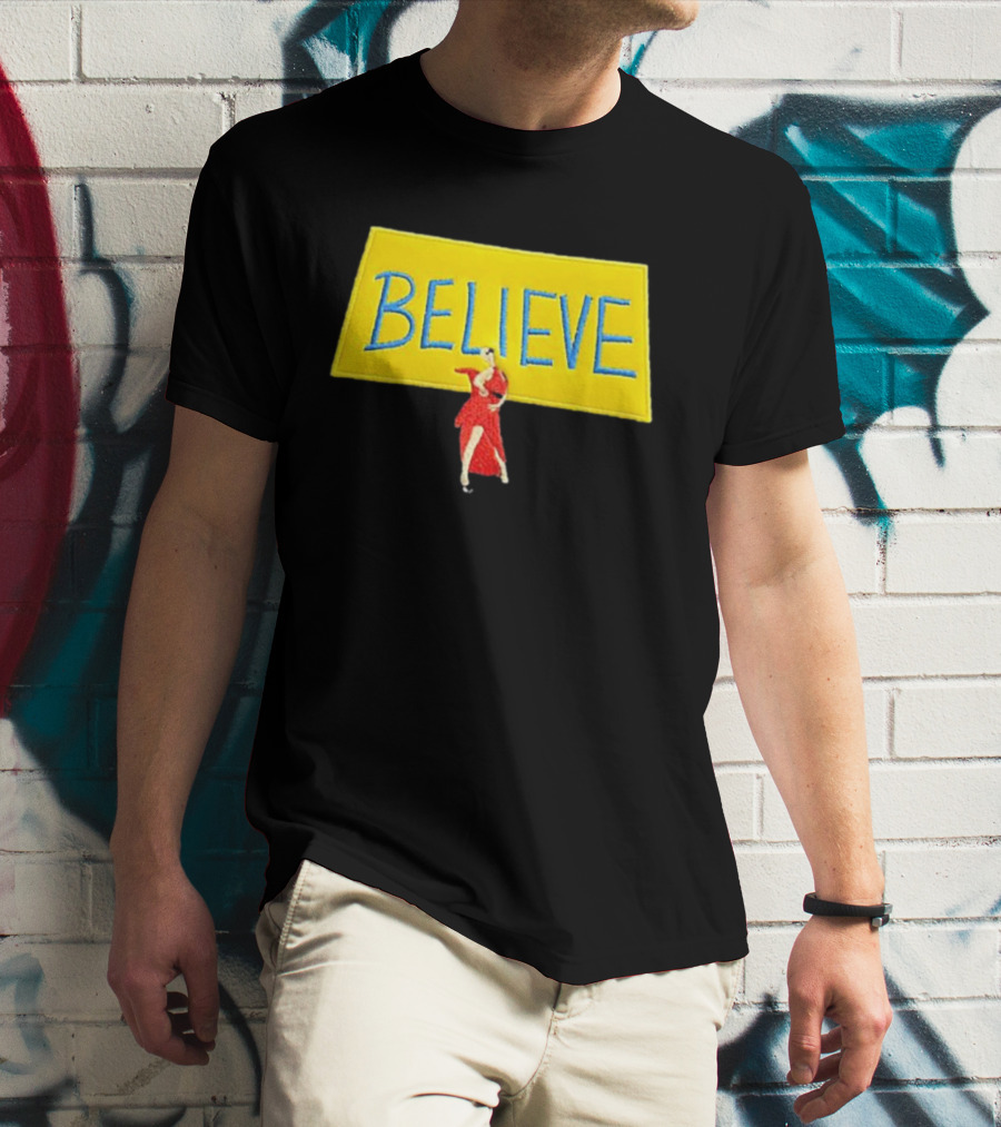 Hannah Waddingham Believe Yellow Sign With Red Dress T-Shirt