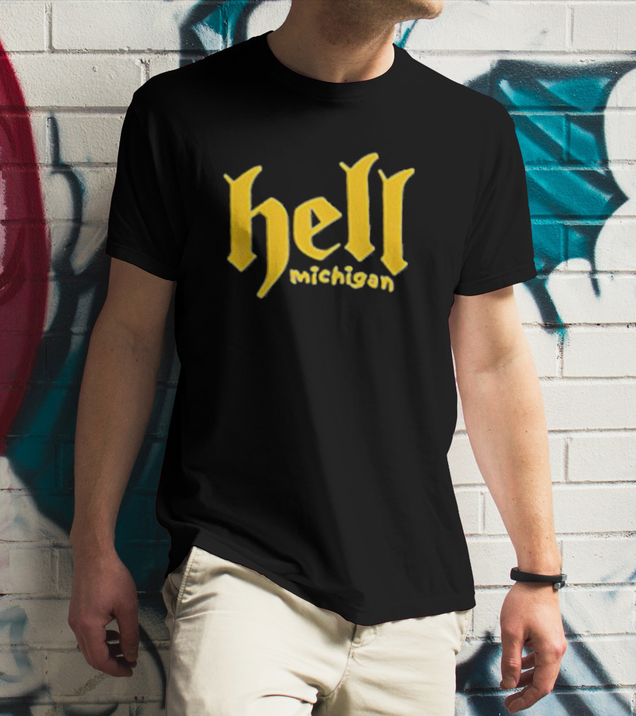 Hell Michigan Yellow Gothic Text T-Shirt