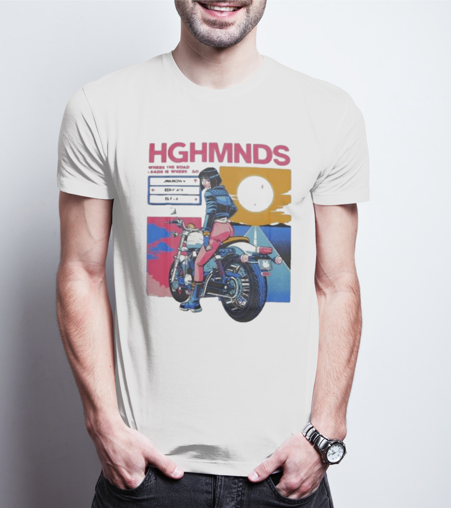 Hghmnds Where The Road Leads Is Where I Go Unknown Educate Elevate Biker Anime Style Moon Sun Desert Journey T-Shirt