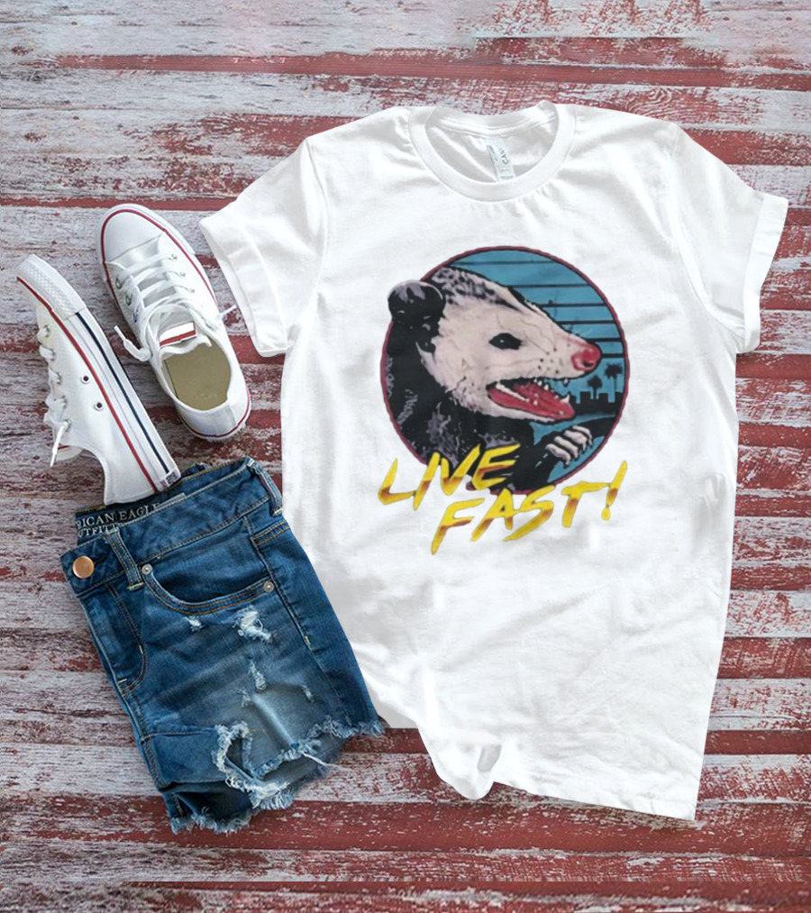 Live Fast Hiss Possum City Skyline T-Shirt