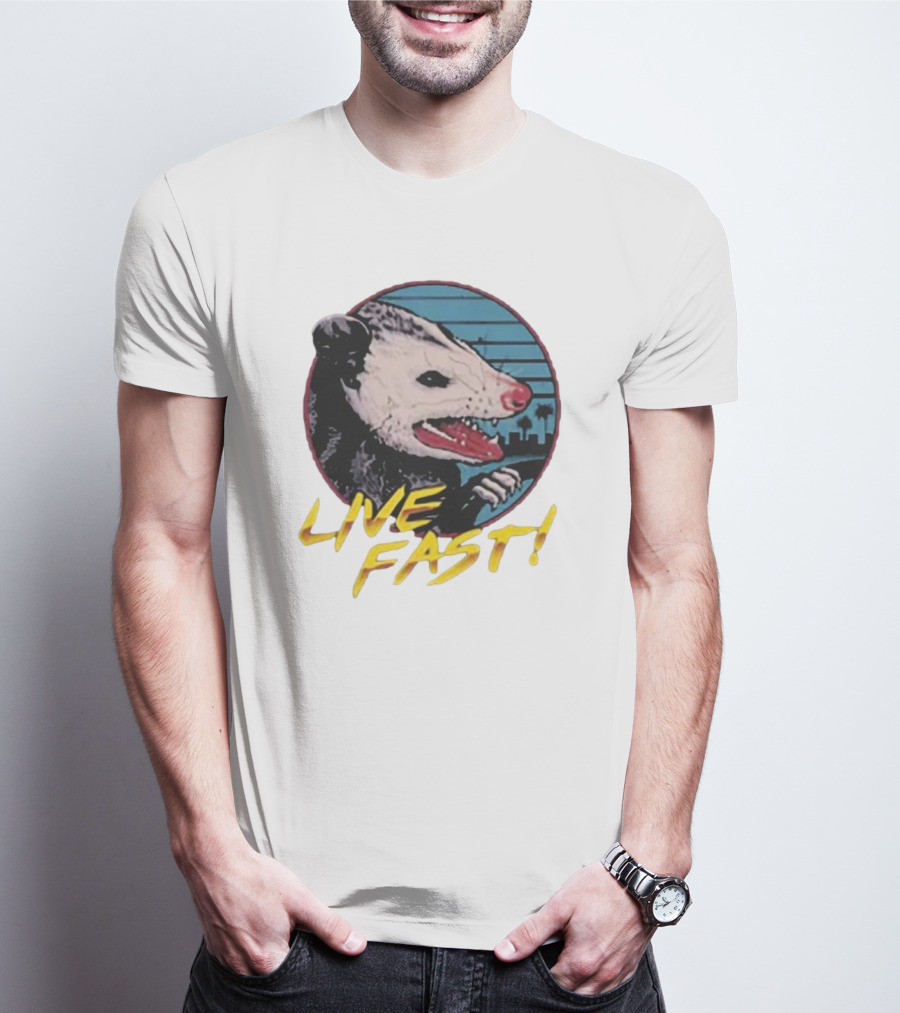 Live Fast Hiss Possum City Skyline T-Shirt