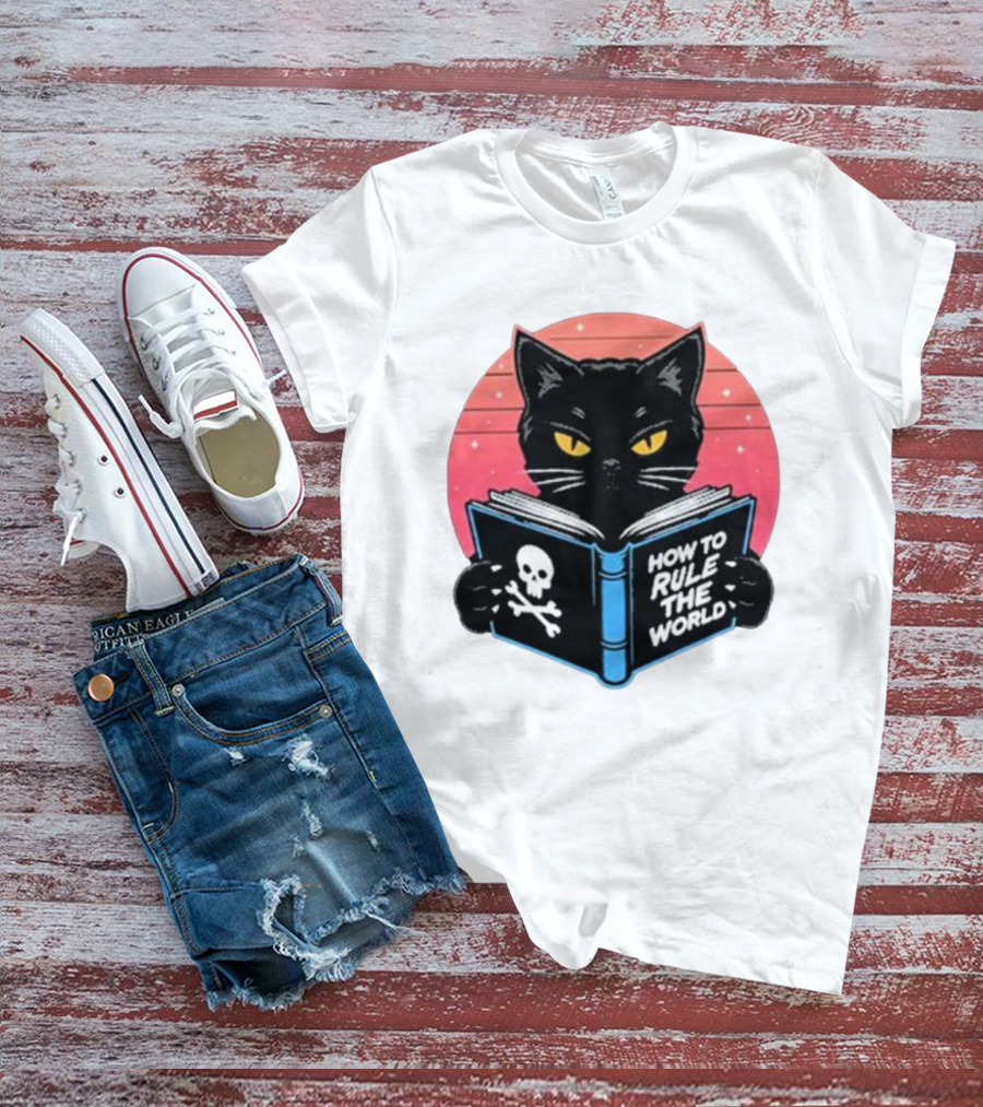 How To Rule The World Black Cat Reading Book With Skull T-Shirt