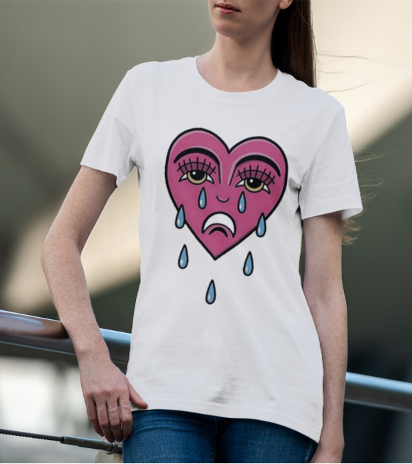 Hursey Hand Painter Crying Heart Sad Pink Teardrop Face T-Shirt