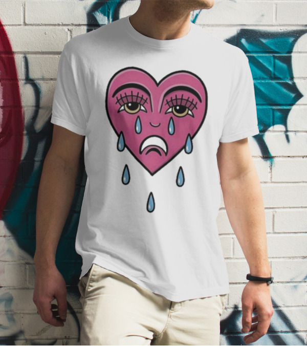 Hursey Hand Painter Crying Heart Sad Pink Teardrop Face T-Shirt