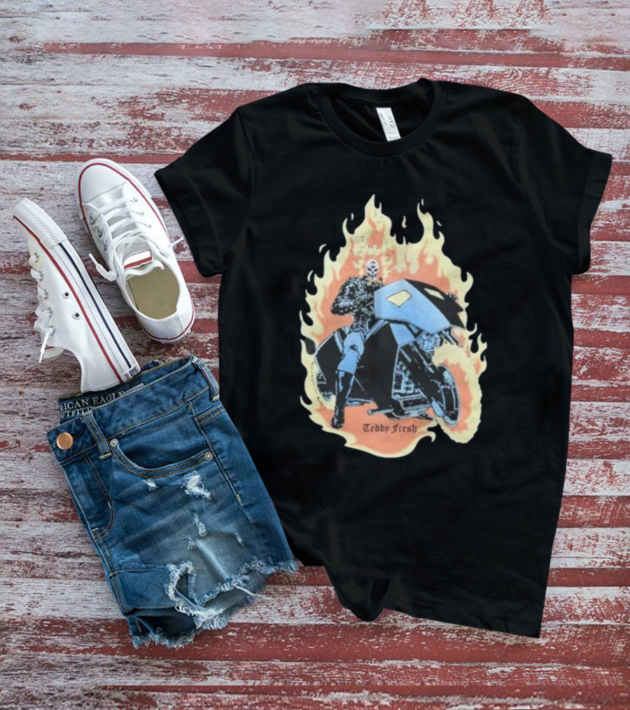 Ghost Rider Teddy Fresh Flaming Skull Motorcycle T-Shirt