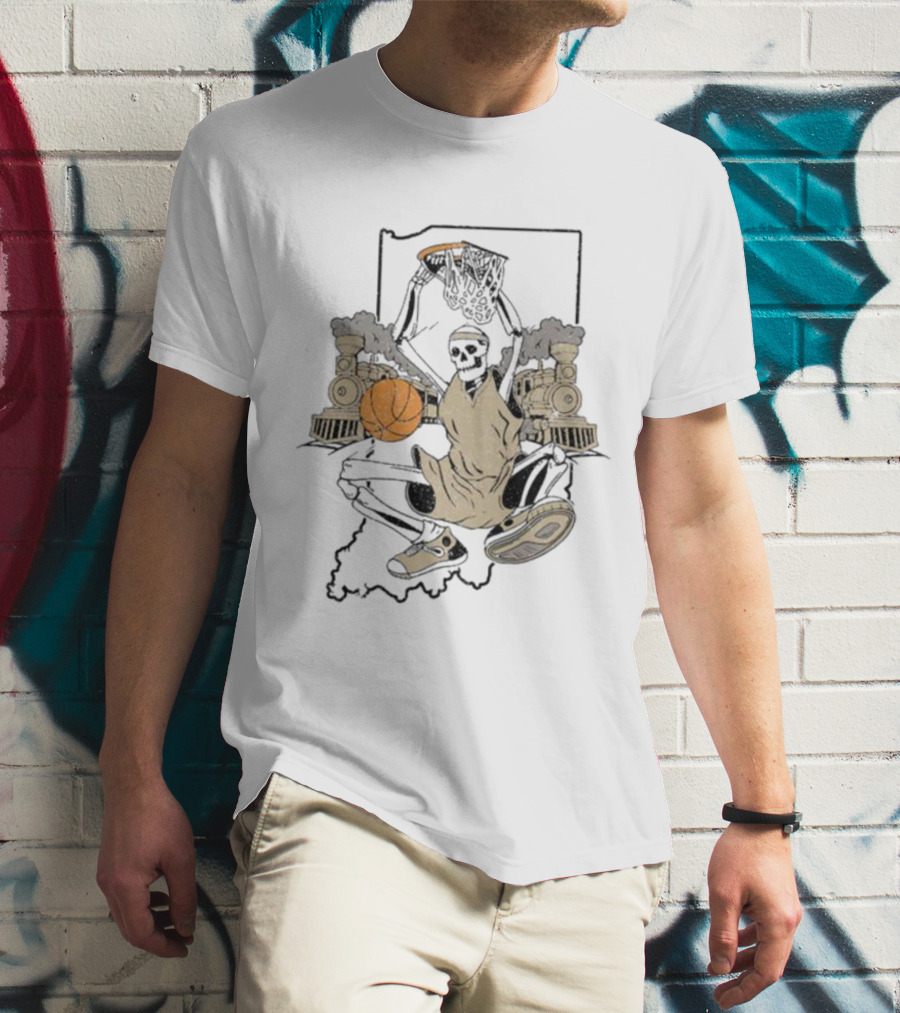 Golo Bloods West Lafayette Indiana Basketball Skeleton With Locomotives And Indiana Outline T-Shirt