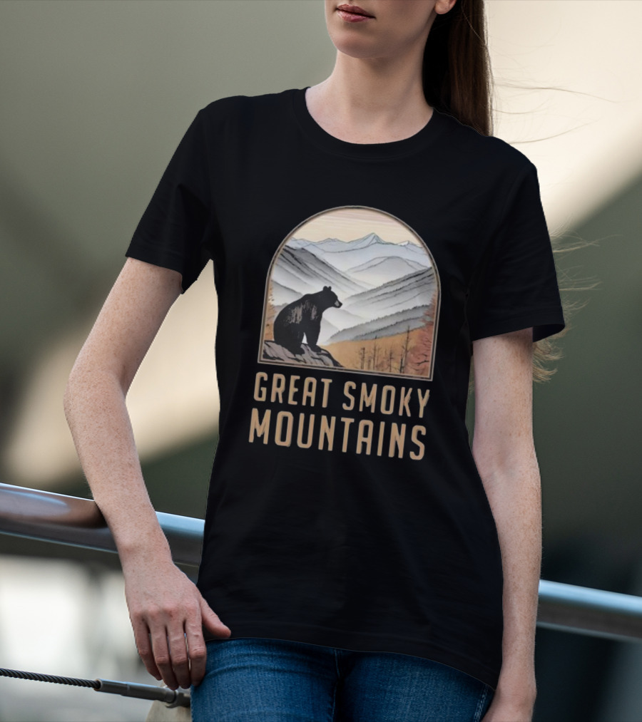 Great Smoky Mountains National Park Bear Silhouette Over Scenic Mountain Landscape T-Shirt