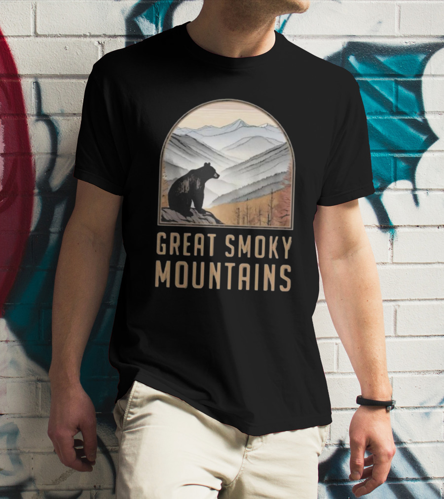 Great Smoky Mountains National Park Bear Silhouette Over Scenic Mountain Landscape T-Shirt