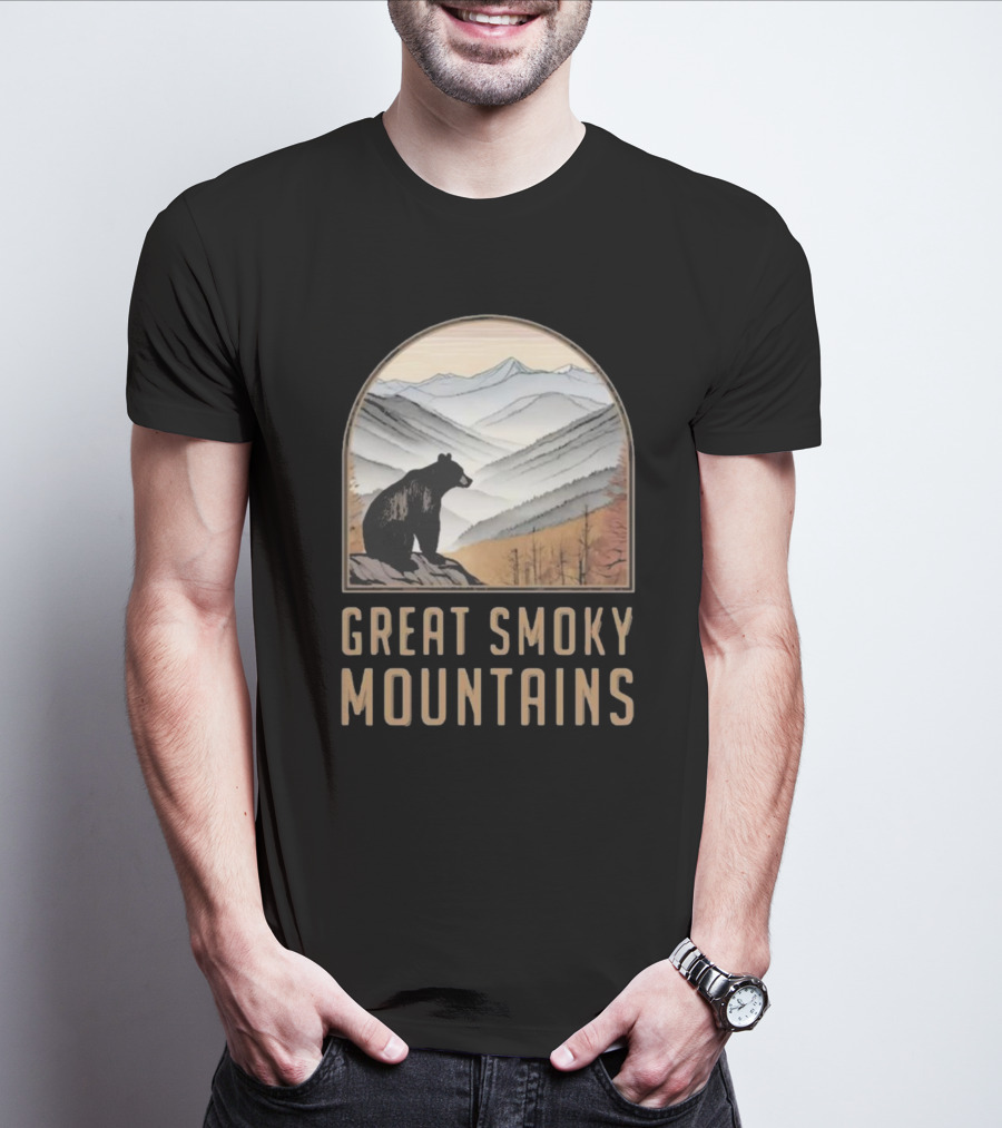 Great Smoky Mountains National Park Bear Silhouette Over Scenic Mountain Landscape T-Shirt