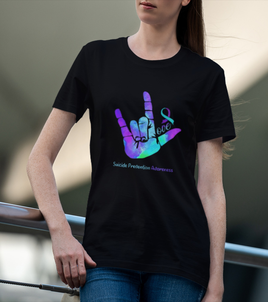 Love Hand Sign With Ribbon For Suicide Prevention Awareness T-Shirt