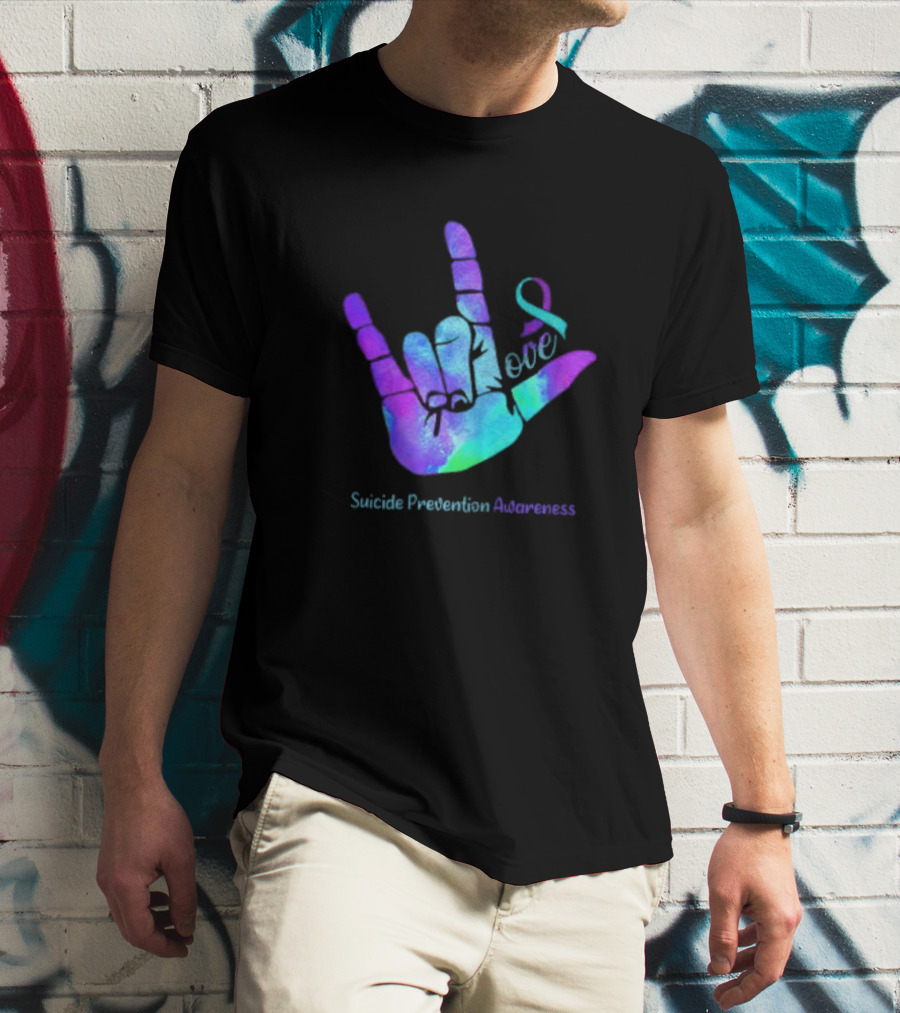 Love Hand Sign With Ribbon For Suicide Prevention Awareness T-Shirt